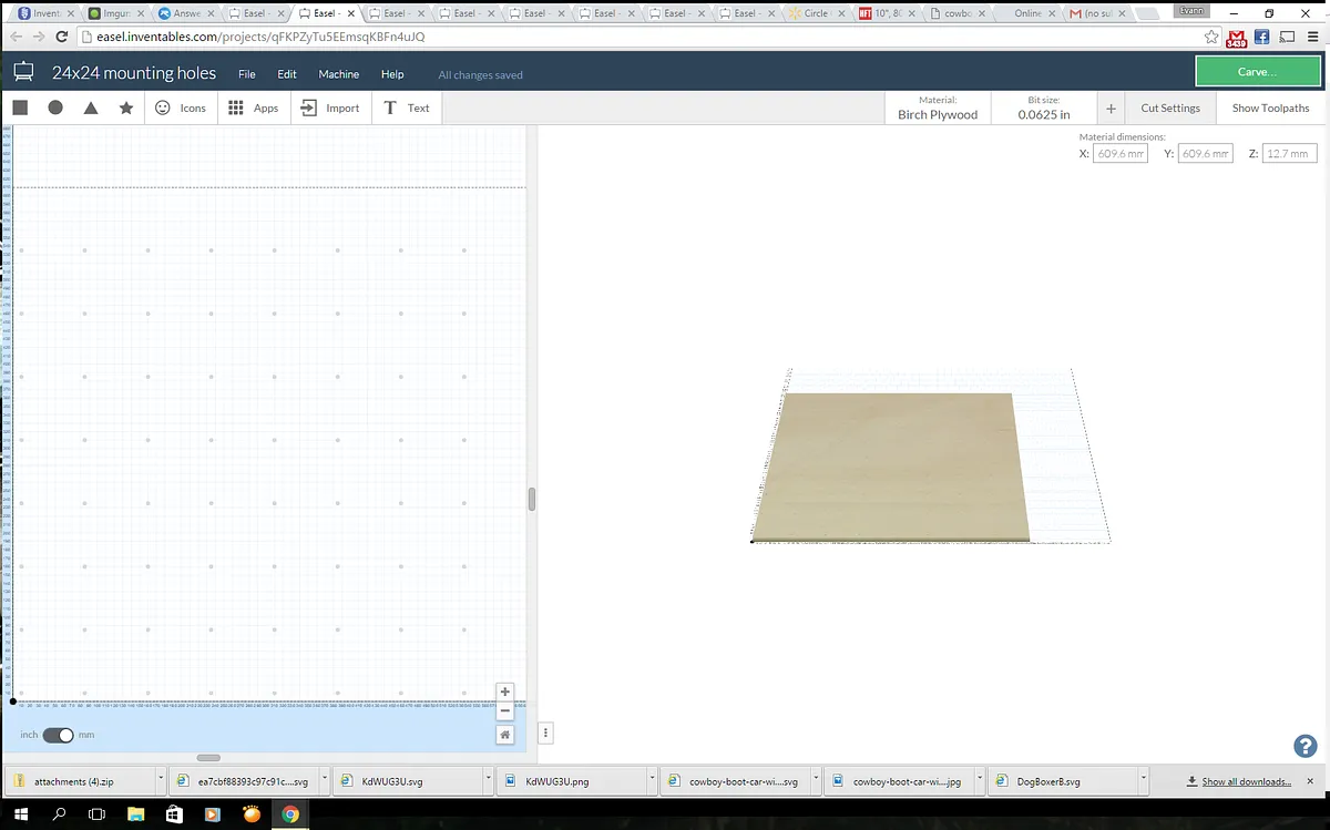 24" x 24" spoil board mounting holes — Setup and carve