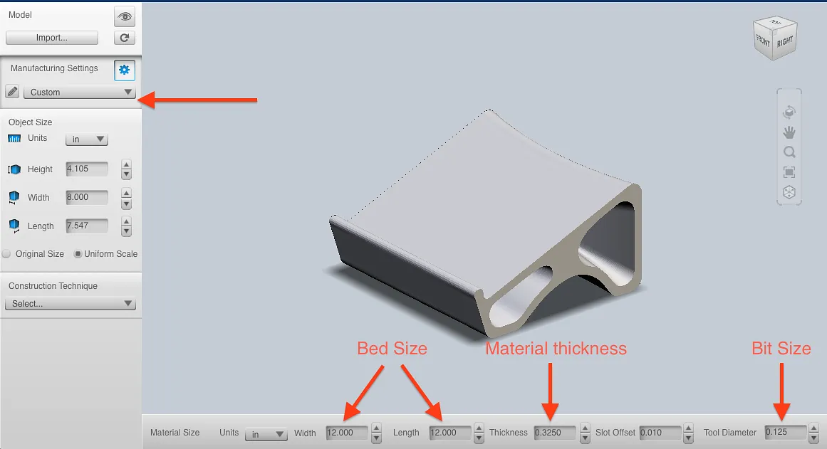 MDF Laptop Stand — Set the manufacturing settings