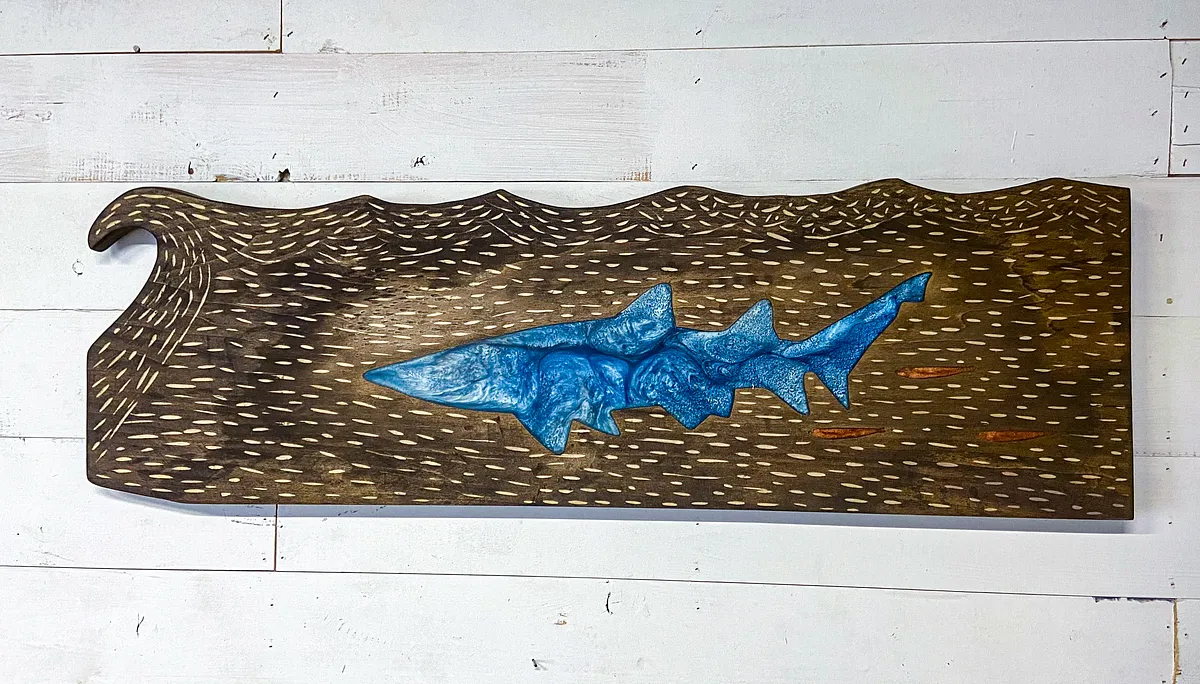 Resin Shark w/ Feeder Fish inside Waves  - image 1